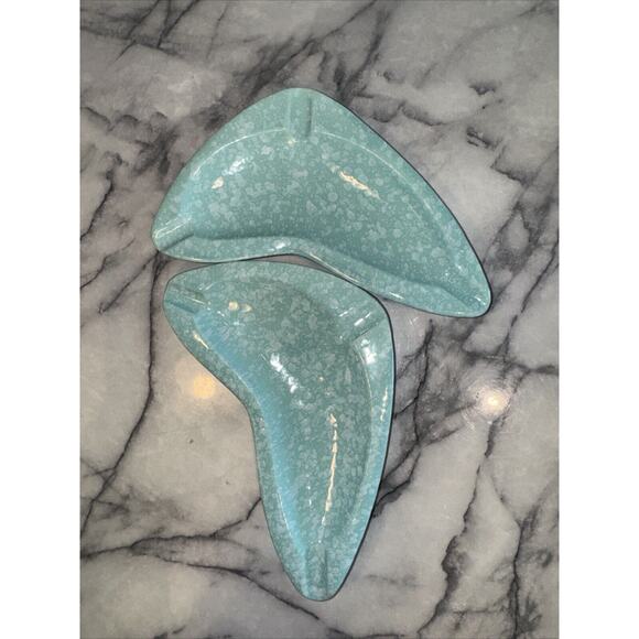2 Vintage 1950's Shawnee Pottery Ashtray Stardust Turquoise Handmade Art Deco - Picture 11 of 13